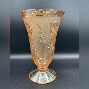 Carnival Glass Footed Vase JEANETTE 9" IRIS & HERRINGBONE Pattern Iridescent